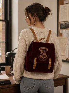 Harry Potter Hogwarts Burgundy Velvet Backpack Gold Crest